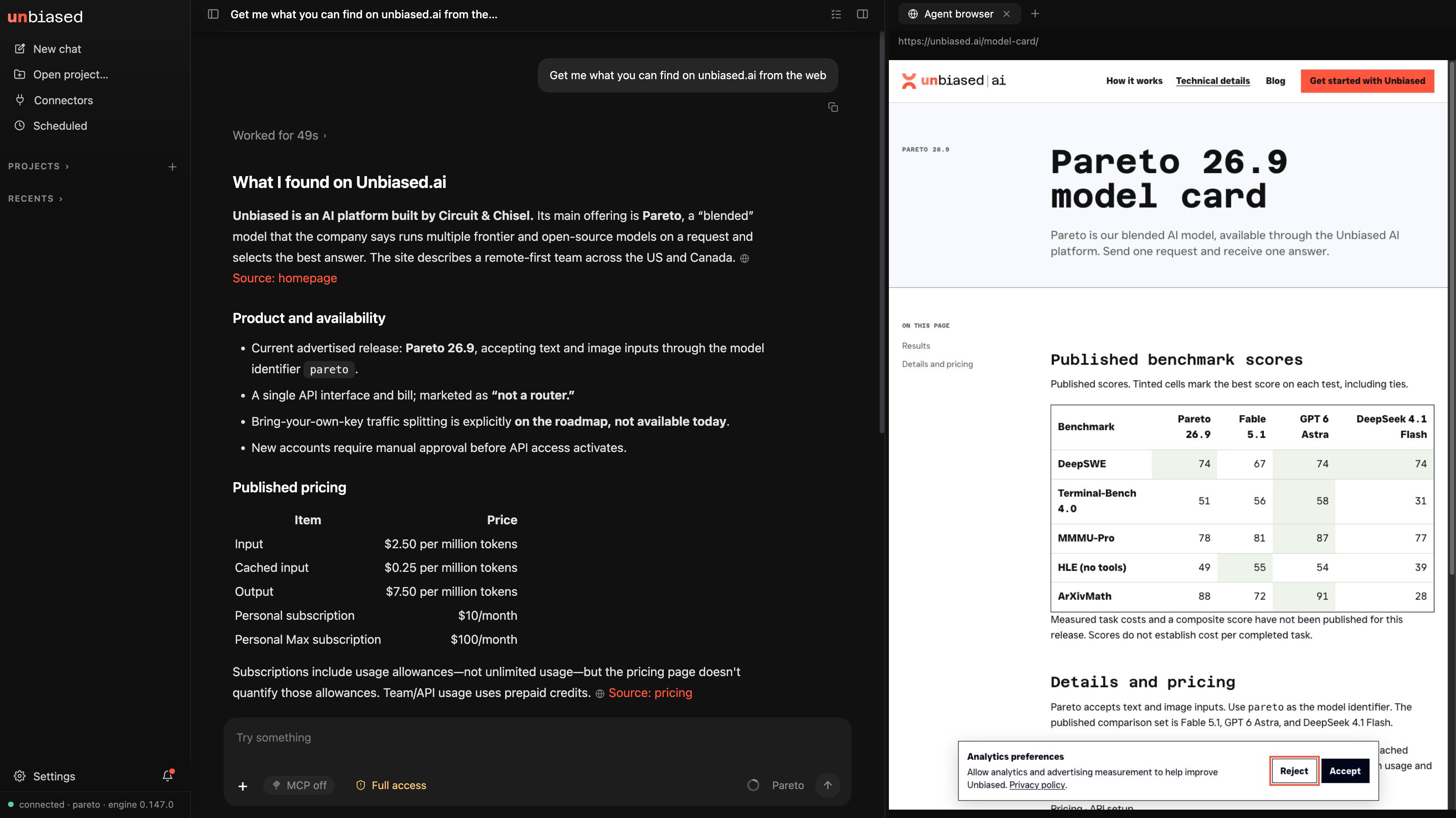 Unbiased AI Harness showing a chat about researching unbiased.cyou beside the agent browser on the Unbiased model card.